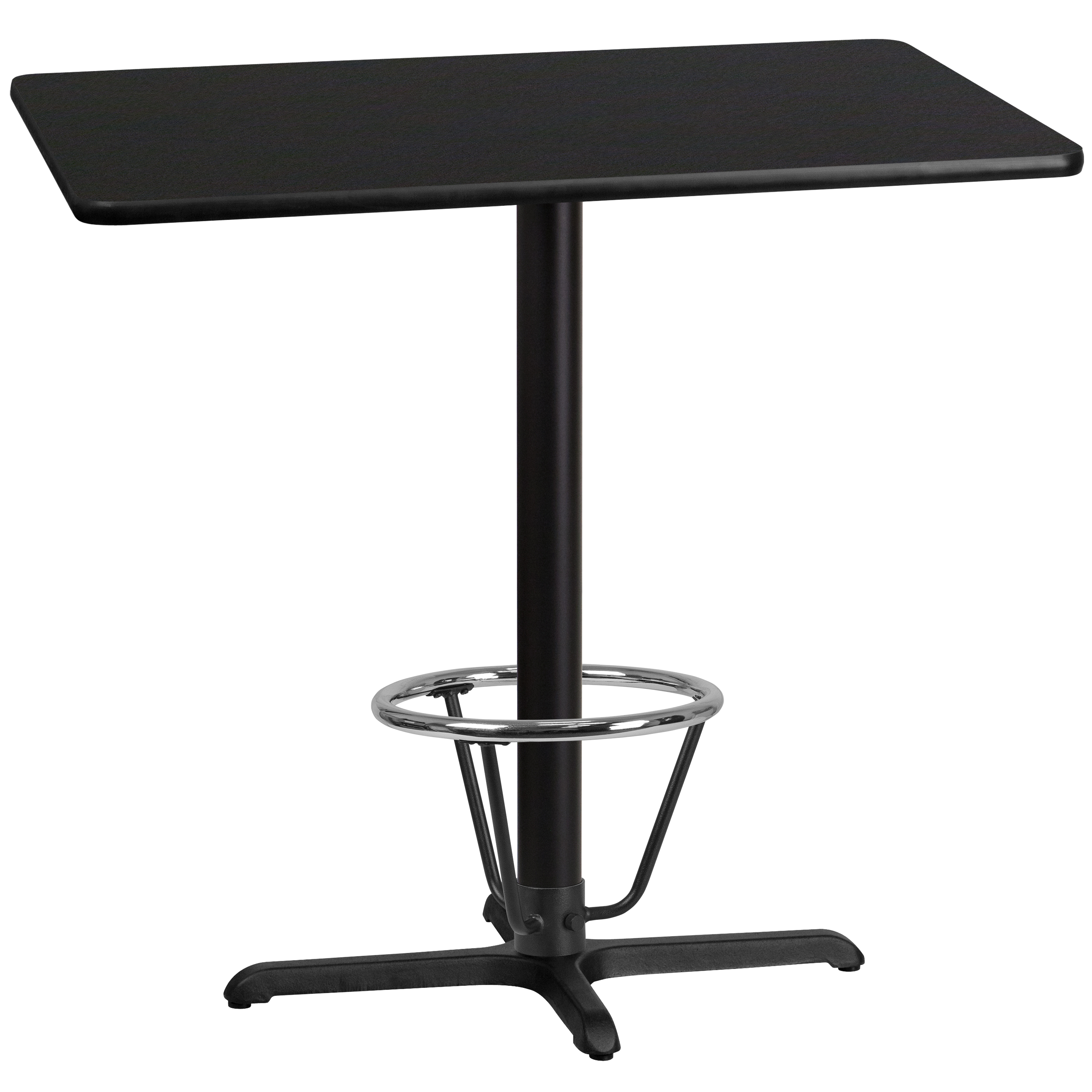 Flash Furniture XU-BLKTB-3042-T2230B-3CFR-GG 30'' x 42'' Rectangular Black Laminate Table Top with 23.5'' x 29.5'' Bar Height Table Base and Foot Ring