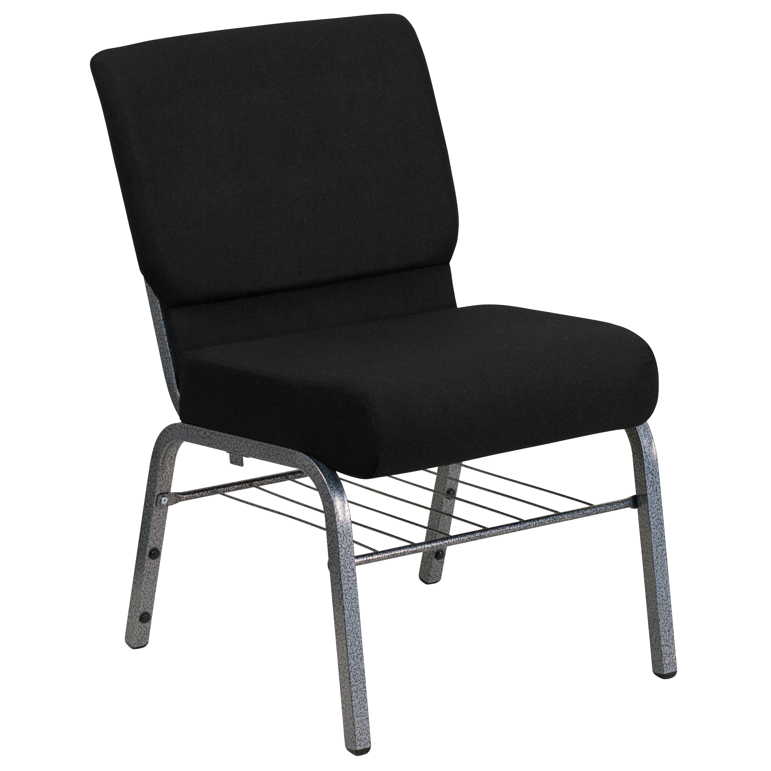 Flash Furniture XU-CH0221-BK-SV-BAS-GG Hercules 21''W Church Chair in Black Fabric with Book Rack - Silver Vein Frame