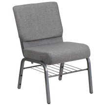 Flash Furniture XU-CH0221-GY-SV-BAS-GG Hercules 21''W Church Chair in Gray Fabric with Book Rack - Silver Vein Frame