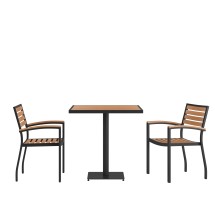 Flash Furniture XU-DG-104560062-GG 30&quot; Square Faux Teak Patio Table & 2 Stacking Club Chairs with Teak Accented Arms, 3 Piece Set