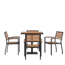 Flash Furniture XU-DG-104560064-GG 30&quot; Square Faux Teak Patio Table & 4 Stacking Club Chairs with Teak Accented Arms, 5 Piece Set