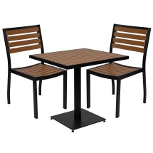 Flash Furniture XU-DG-10456033-GG Outdoor Patio Bistro Dining Table Set with 2 Chairs and Faux Teak Poly Slats, 3 Piece Set