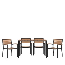 Flash Furniture XU-DG-304860064-GG 30" x 48" Steel Framed Dining Table with Synthetic Teak Poly Slats, Umbrella Hole, 4 Club Chairs, 5 Piece Set