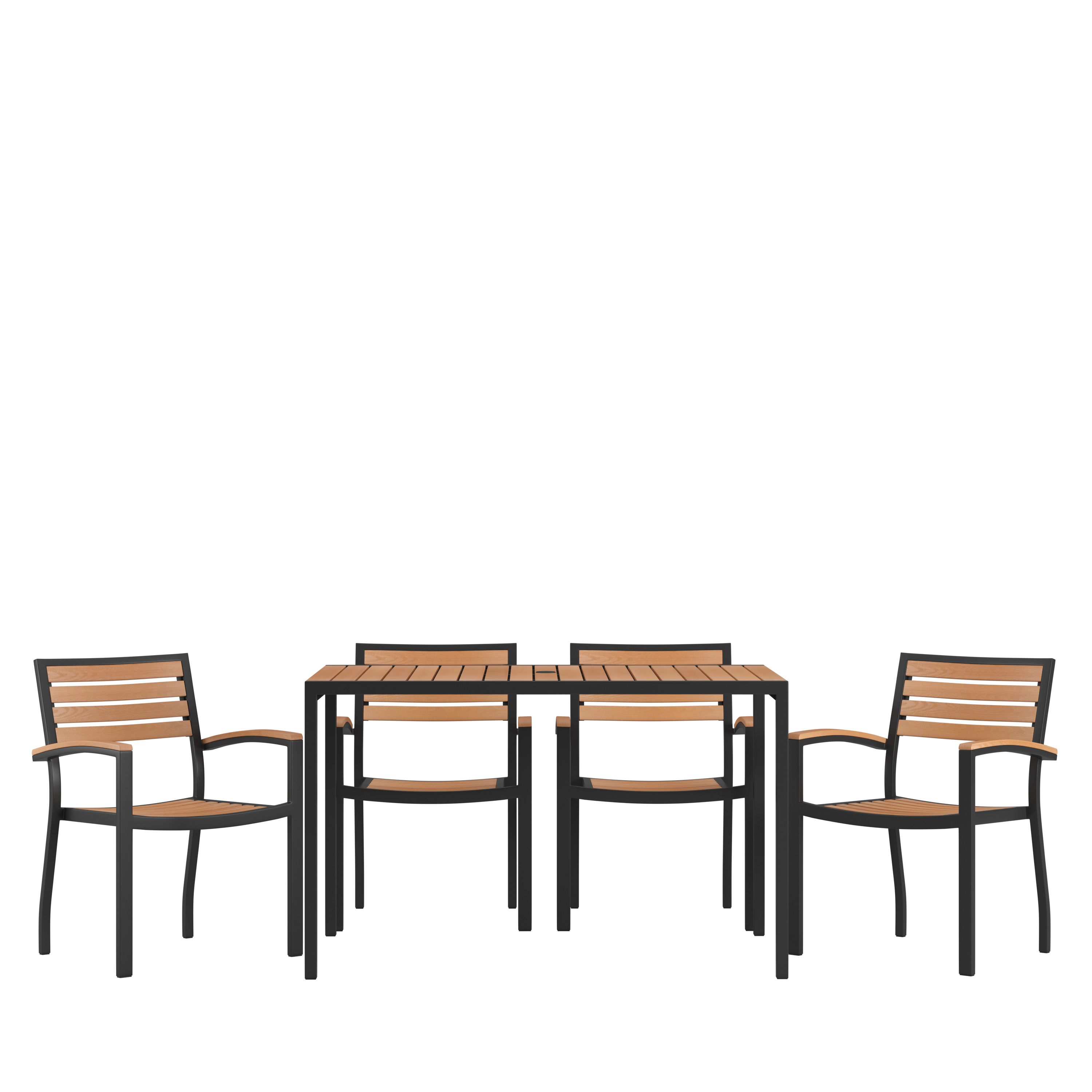 Flash Furniture XU-DG-304860064-GG 30" x 48" Steel Framed Dining Table with Synthetic Teak Poly Slats, Umbrella Hole, 4 Club Chairs, 5 Piece Set
