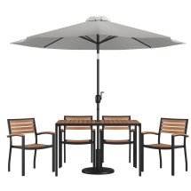 Flash Furniture XU-DG-304860064-UB19BGY-GG 30" x 48" Patio Dining Table, Gray Umbrella, Base & 4 Synthetic Teak Stackable Chairs, 7 Piece Set