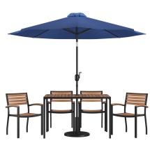 Flash Furniture XU-DG-304860064-UB19BNV-GG 30&quot; x 48&quot; Patio Dining Table, Navy Umbrella, Base & 4 Synthetic Teak Stackable Chairs, 7 Piece Set