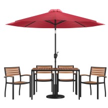 Flash Furniture XU-DG-304860064-UB19BRD-GG 30&quot; x 48&quot; Patio Dining Table, Red Umbrella, Base & 4 Synthetic Teak Stackable Chairs, 7 Piece Set