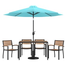 Flash Furniture XU-DG-304860064-UB19BTL-GG 30" x 48" Patio Dining Table, Teal Umbrella, Base & 4 Synthetic Teak Stackable Chairs, 7 Piece Set