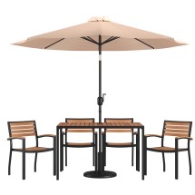 Flash Furniture XU-DG-304860064-UB19BTN-GG 30" x 48" Patio Dining Table, Tan Umbrella, Base & 4 Synthetic Teak Stackable Chairs, 7 Piece Set