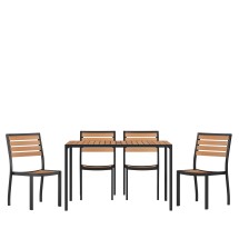 Flash Furniture XU-DG-304860364-GG 30&quot; x 48&quot; Steel Framed Patio Dining Table with 4 Stackable Faux Teak Chairs, 5 Piece Set