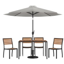 Flash Furniture XU-DG-304860364-UB19BGY-GG 30" x 48" Faux Teak Patio Table, Gray Umbrella & Base & 4 Stacking Faux Teak Chairs, 7 Piece Set