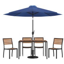 Flash Furniture XU-DG-304860364-UB19BNV-GG 30" x 48" Faux Teak Patio Table, Navy Umbrella & Base & 4 Stacking Faux Teak Chairs, 7 Piece Set