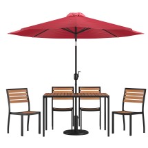 Flash Furniture XU-DG-304860364-UB19BRD-GG 30&quot; x 48&quot; Faux Teak Patio Table, Red Umbrella & Base & 4 Stacking Faux Teak Chairs, 7 Piece Set