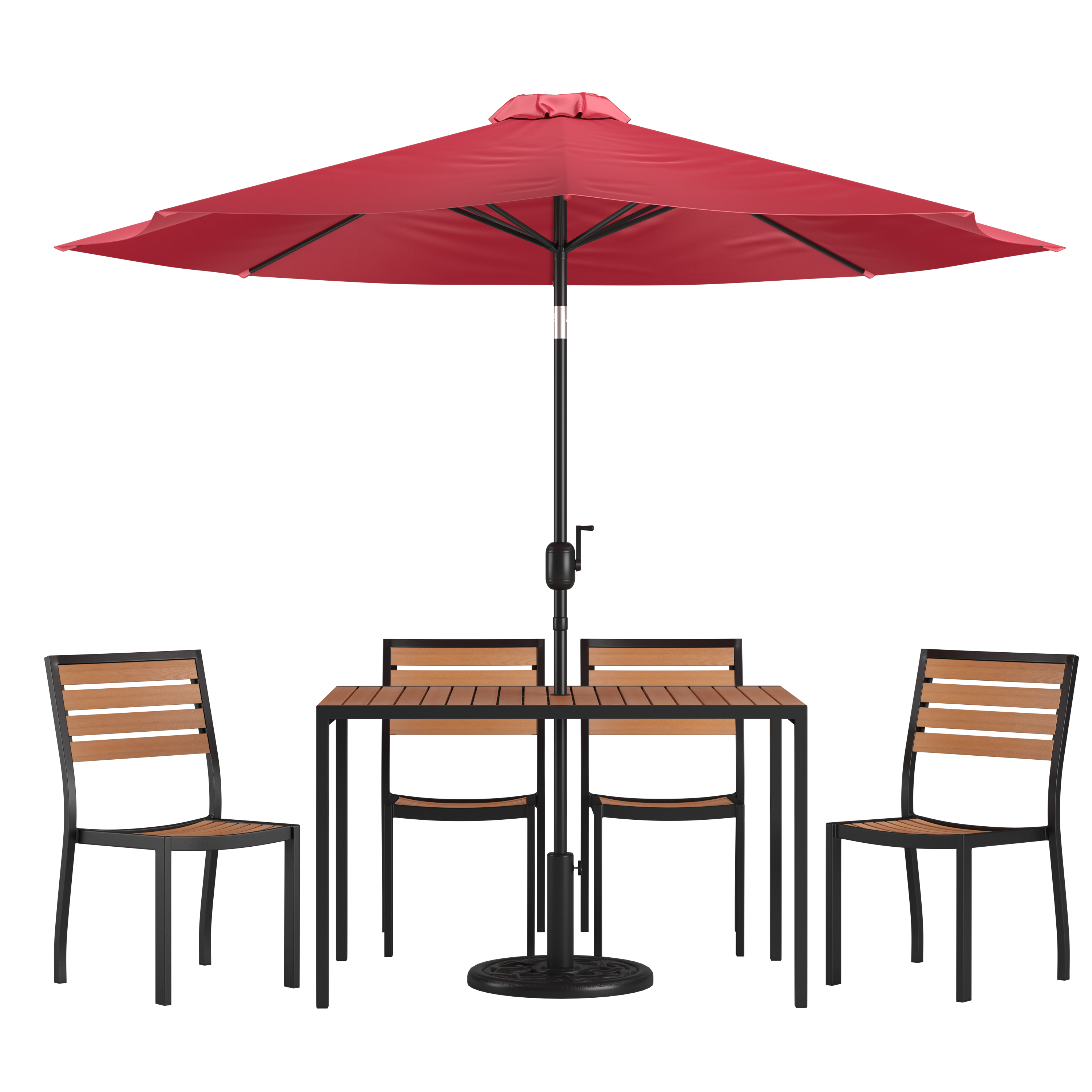 Flash Furniture XU-DG-304860364-UB19BRD-GG 30" x 48" Faux Teak Patio Table, Red Umbrella & Base & 4 Stacking Faux Teak Chairs, 7 Piece Set