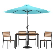 Flash Furniture XU-DG-304860364-UB19BTL-GG 30&quot; x 48&quot; Faux Teak Patio Table, Teal Umbrella & Base & 4 Stacking Faux Teak Chairs, 7 Piece Set