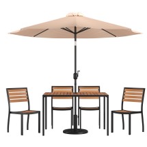Flash Furniture XU-DG-304860364-UB19BTN-GG 30&quot; x 48&quot; Faux Teak Patio Table, Tan Umbrella & Base & 4 Stacking Faux Teak Chairs, 7 Piece Set