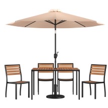 Flash Furniture XU-DG-304860364-UB19BTN-GG 30" x 48" Faux Teak Patio Table, Tan Umbrella & Base & 4 Stacking Faux Teak Chairs, 7 Piece Set