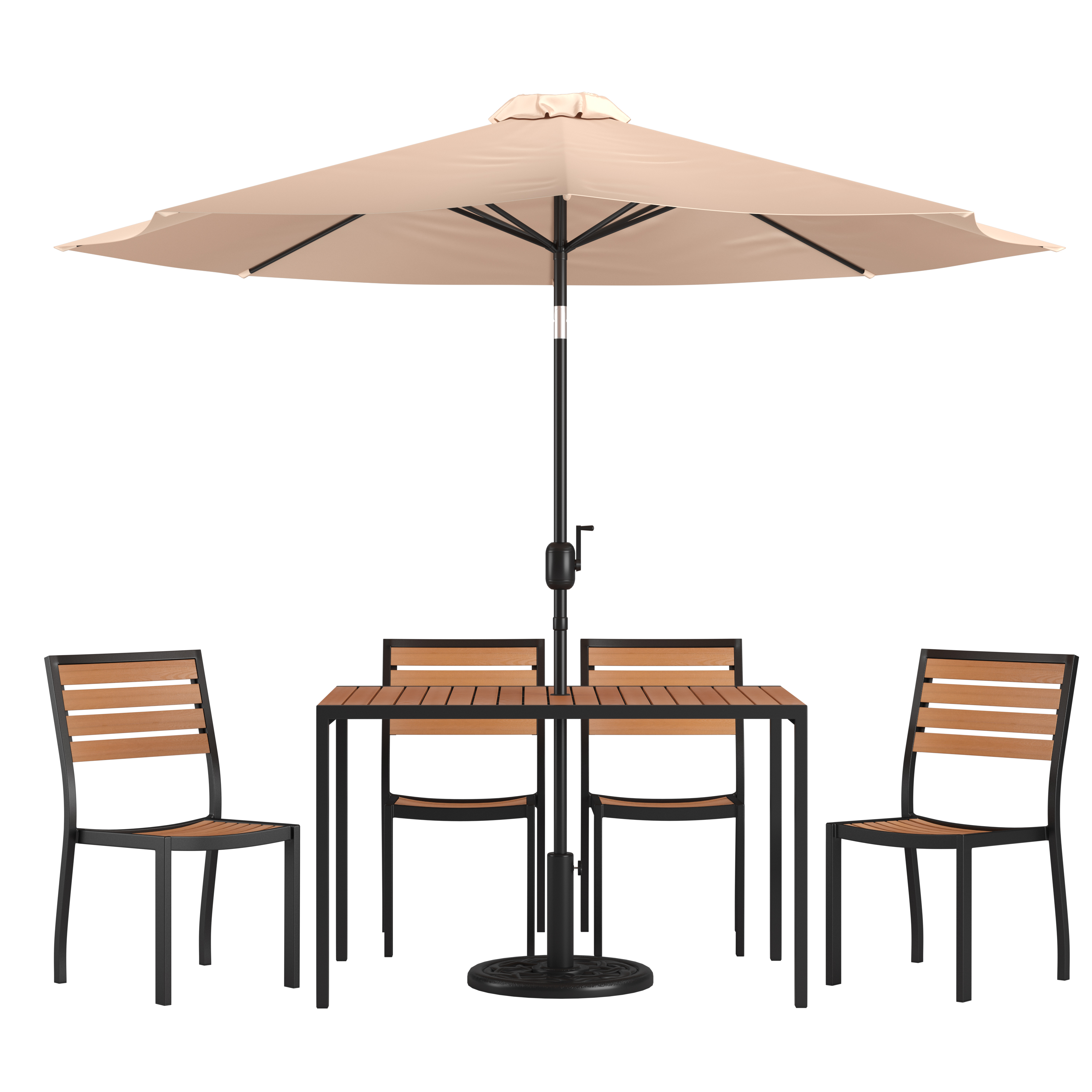 Flash Furniture XU-DG-304860364-UB19BTN-GG 30" x 48" Faux Teak Patio Table, Tan Umbrella & Base & 4 Stacking Faux Teak Chairs, 7 Piece Set