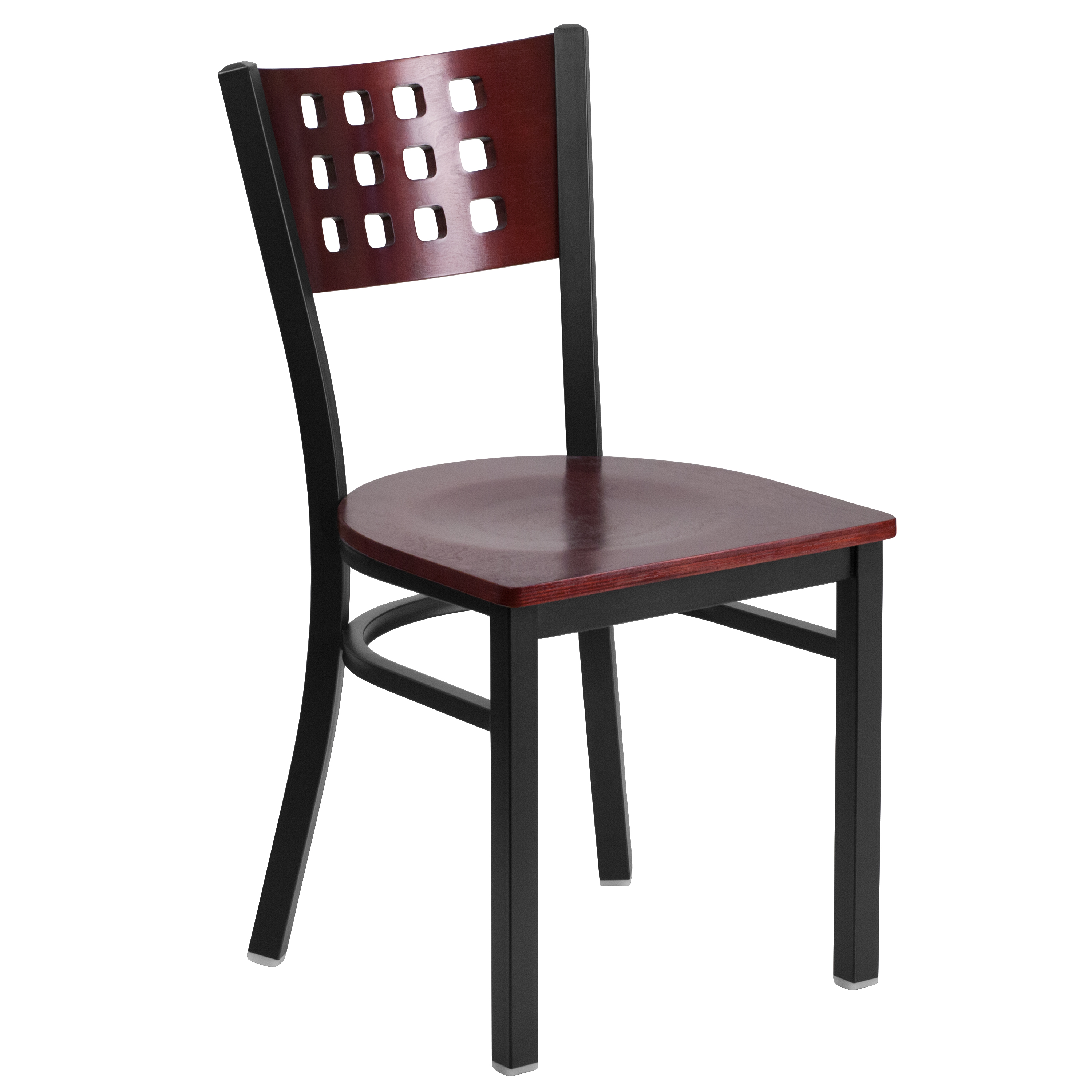 Flash Furniture XU-DG-60117-MAH-MTL-GG Hercules Black Cutout Back Metal Restaurant Chair - Mahogany Wood Back & Seat