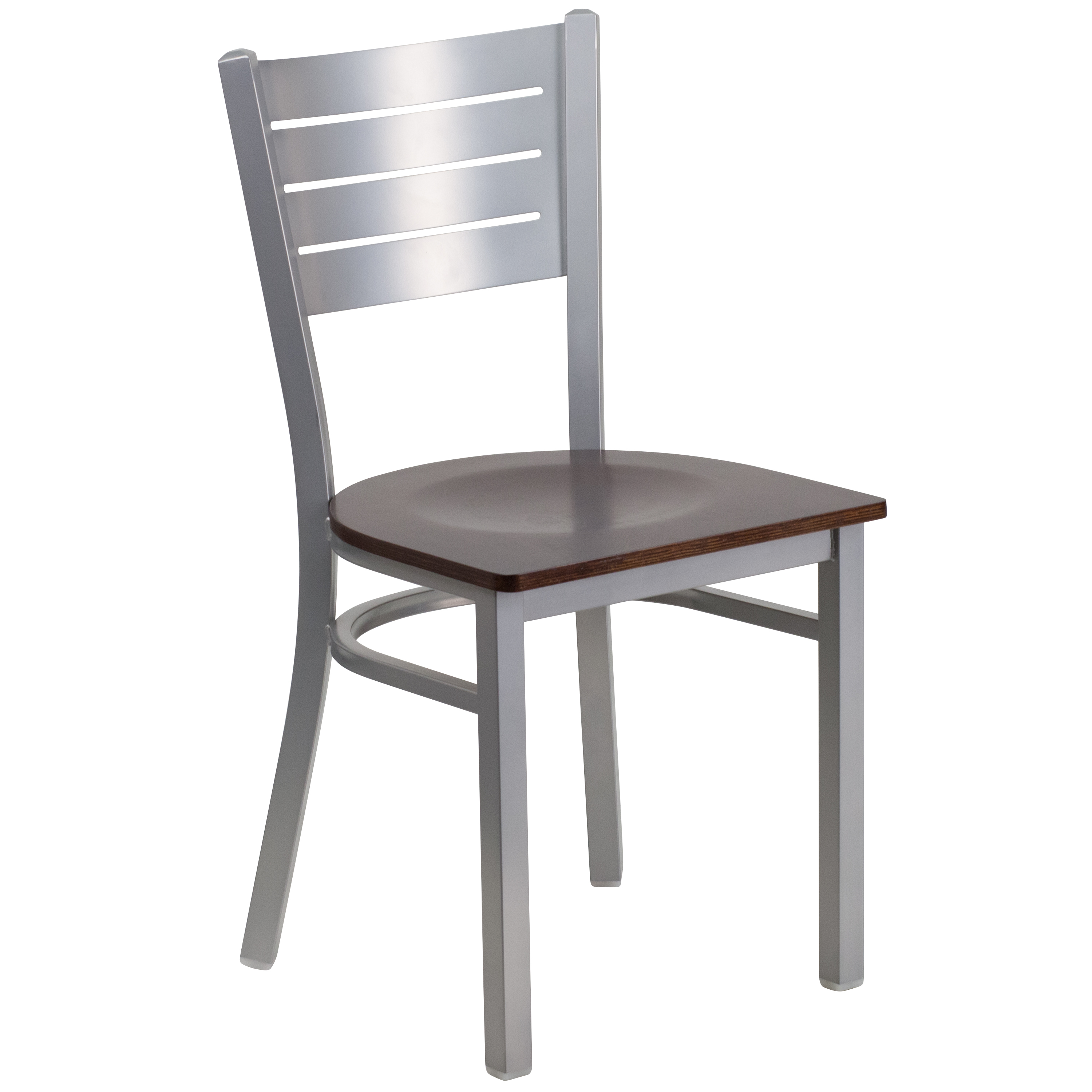 Flash Furniture XU-DG-60401-WALW-GG Hercules Silver Slat Back Metal Restaurant Chair - Walnut Wood Seat