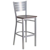 Flash Furniture XU-DG-60402-BAR-WALW-GG Hercules Silver Slat Back Metal Restaurant Barstool - Walnut Wood Seat