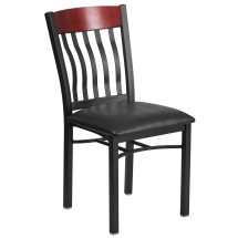 Flash Furniture XU-DG-60618-MAH-BLKV-GG Vertical Back Black Metal and Mahogany Wood Restaurant Chair with Black Vinyl Seat