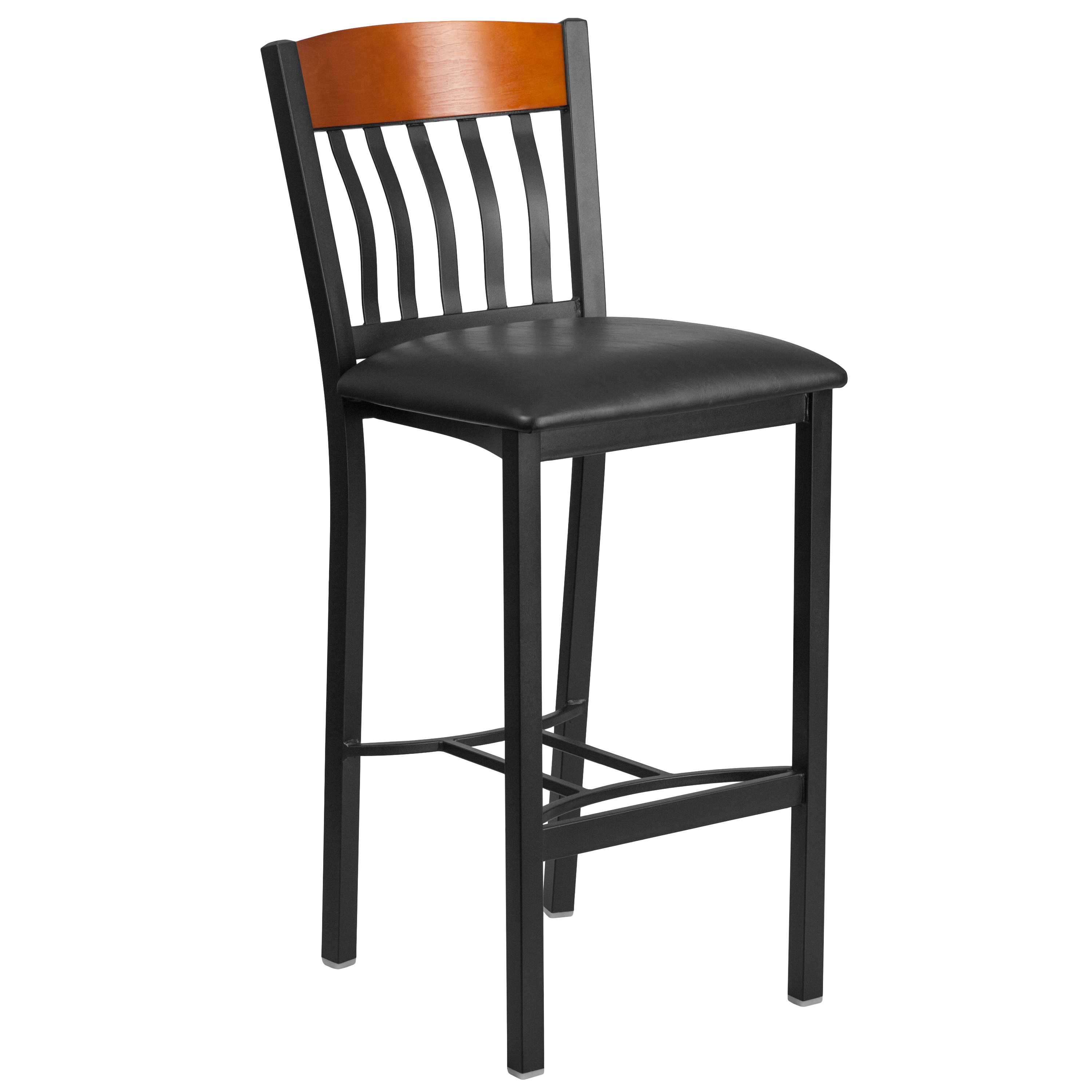 Flash Furniture XU-DG-60618B-CHY-BLKV-GG Vertical Back Black Metal and Cherry Wood Restaurant Barstool with Black Vinyl Seat