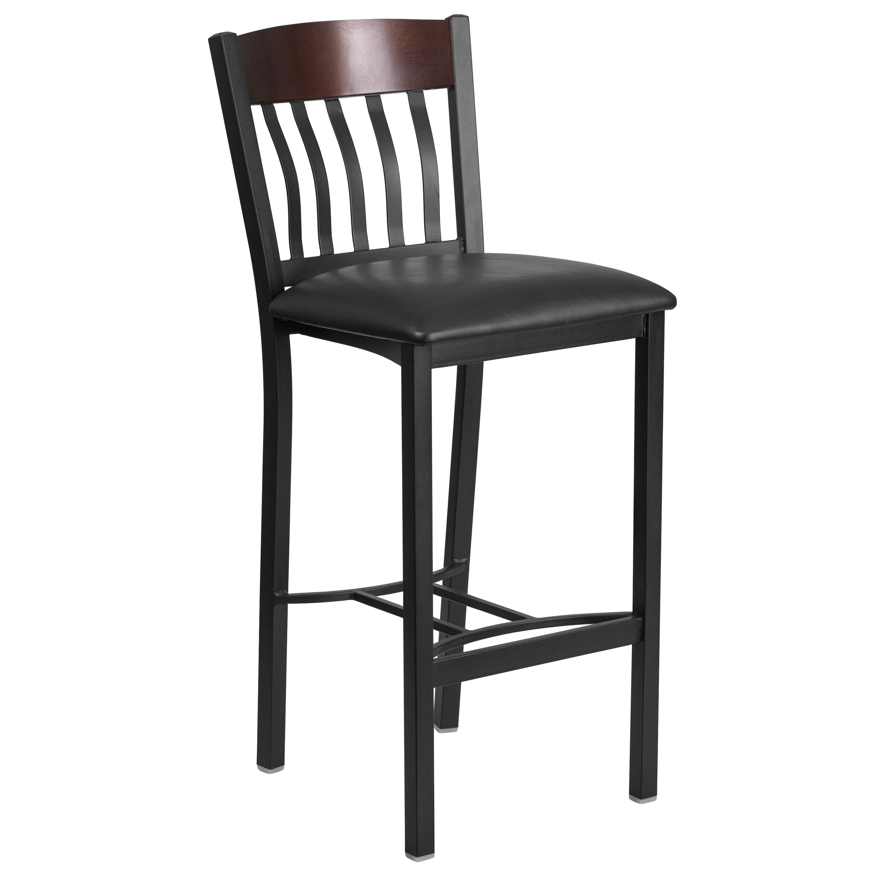 Flash Furniture XU-DG-60618B-WAL-BLKV-GG Vertical Back Black Metal and Walnut Wood Restaurant Barstool with Black Vinyl Seat