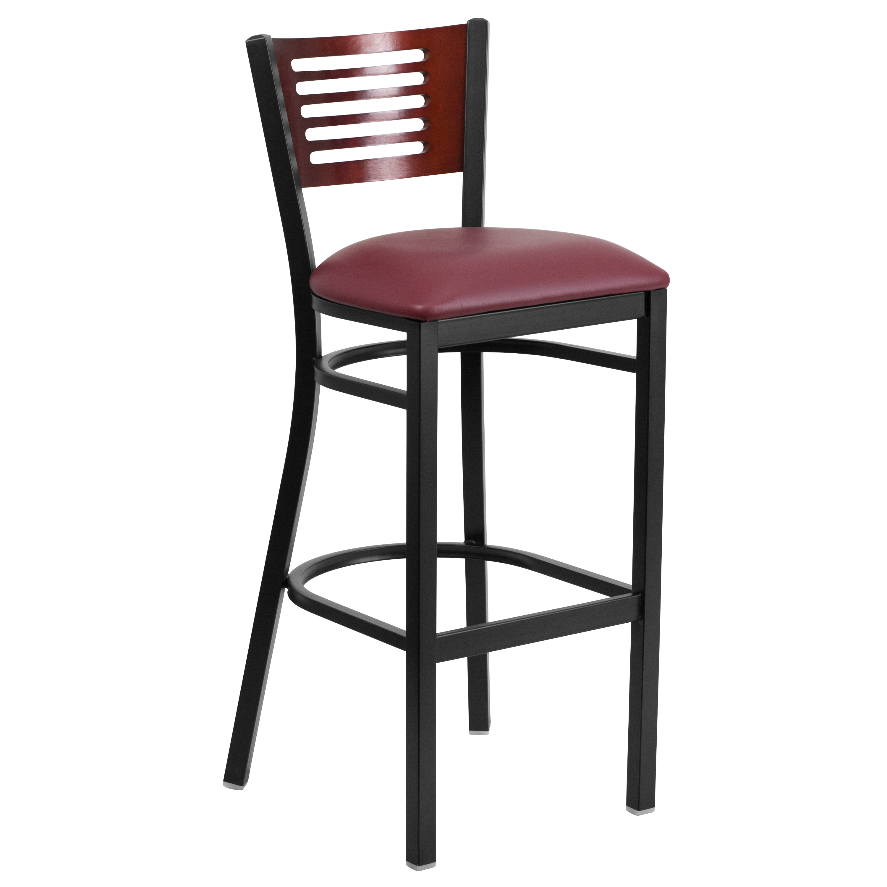 Flash Furniture XU-DG-6H1B-MAH-BAR-BURV-GG Hercules Black Slat Back Metal Restaurant Barstool - Mahogany Wood Back, Burgundy Vinyl Seat
