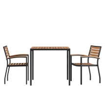 Flash Furniture XU-DG-810060062-GG 35" Square Steel Synthetic Teak Poly Slat Patio Table with Umbrella Hole and 2 Club Chairs, 3 Piece Set