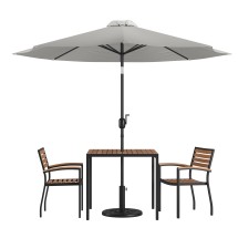 Flash Furniture XU-DG-810060062-UB19BGY-GG 2 Synthetic Teak Stackable Patio Chairs, 35&quot; Square Patio Table, Gray Umbrella & Base, 5 Piece Set