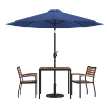 Flash Furniture XU-DG-810060062-UB19BNV-GG 2 Synthetic Teak Stackable Patio Chairs, 35" Square Patio Table, Navy Umbrella & Base, 5 Piece Set