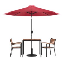 Flash Furniture XU-DG-810060062-UB19BRD-GG 2 Synthetic Teak Stackable Patio Chairs, 35" Square Patio Table, Red Umbrella & Base, 5 Piece Set