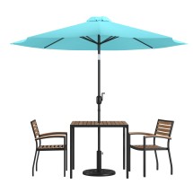 Flash Furniture XU-DG-810060062-UB19BTL-GG 2 Synthetic Teak Stackable Patio Chairs, 35" Square Patio Table, Teal Umbrella & Base, 5 Piece Set