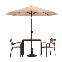 Flash Furniture XU-DG-810060062-UB19BTN-GG 2 Synthetic Teak Stackable Patio Chairs, 35&quot; Square Patio Table, Tan Umbrella & Base, 5 Piece Set