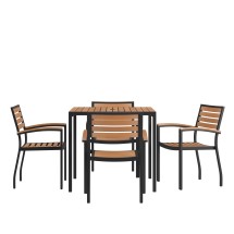 Flash Furniture XU-DG-810060064-GG 35" Square Steel Synthetic Teak Poly Slat Patio Table. Umbrella Hole and 4 Club Chairs, 5 Piece Set