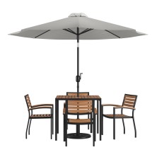 Flash Furniture XU-DG-810060064-UB19BGY-GG 4 Synthetic Teak Stackable Patio Chairs, 35" Square Table, Gray Umbrella & Base, 7 Piece Set