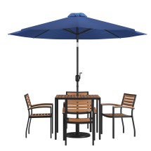 Flash Furniture XU-DG-810060064-UB19BNV-GG 4 Synthetic Teak Stackable Patio Chairs, 35&quot; Square Table, Navy Umbrella & Base, 7 Piece Set