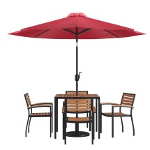 Flash Furniture XU-DG-810060064-UB19BRD-GG 4 Synthetic Teak Stackable Patio Chairs, 35" Square Table, Red Umbrella & Base, 7 Piece Set
