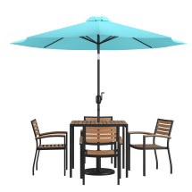 Flash Furniture XU-DG-810060064-UB19BTL-GG 4 Synthetic Teak Stackable Patio Chairs, 35" Square Table, Teal Umbrella & Base, 7 Piece Set