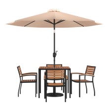 Flash Furniture XU-DG-810060064-UB19BTN-GG 4 Synthetic Teak Stackable Patio Chairs, 35" Square Table, Tan Umbrella & Base, 7 Piece Set