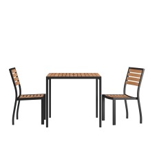 Flash Furniture XU-DG-810060362-GG 35&quot; Square Steel Synthetic Teak Poly Slat Patio Table with 2 Stackable Faux Teak Chairs, 3 Piece Set