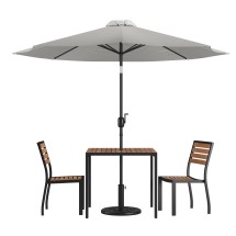 Flash Furniture XU-DG-810060362-UB19BGY-GG All-Weather Stacking Faux Teak Chairs, 35" Square Faux Teak Table, Gray Umbrella & Base, 5 Piece Set