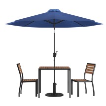Flash Furniture XU-DG-810060362-UB19BNV-GG All-Weather Stacking Faux Teak Chairs, 35&quot; Square Faux Teak Table, Navy Umbrella & Base, 5 Piece Set