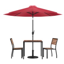 Flash Furniture XU-DG-810060362-UB19BRD-GG All-Weather Stacking Faux Teak Chairs, 35" Square Faux Teak Table, Red Umbrella & Base, 5 Piece Set