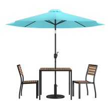 Flash Furniture XU-DG-810060362-UB19BTL-GG All-Weather Stacking Faux Teak Chairs, 35&quot; Square Faux Teak Table, Teal Umbrella & Base, 5 Piece Set