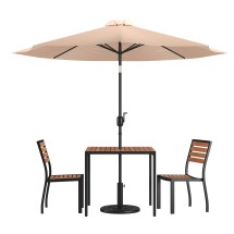 Flash Furniture XU-DG-810060362-UB19BTN-GG All-Weather Stacking Faux Teak Chairs, 35&quot; Square Faux Teak Table, Tan Umbrella & Base, 5 Piece Set
