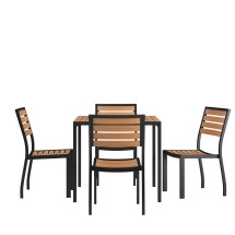Flash Furniture XU-DG-810060364-GG 35" Square Steel Synthetic Teak Poly Slat Table with 4 Stackable Faux Teak Chairs, 5 Piece Set