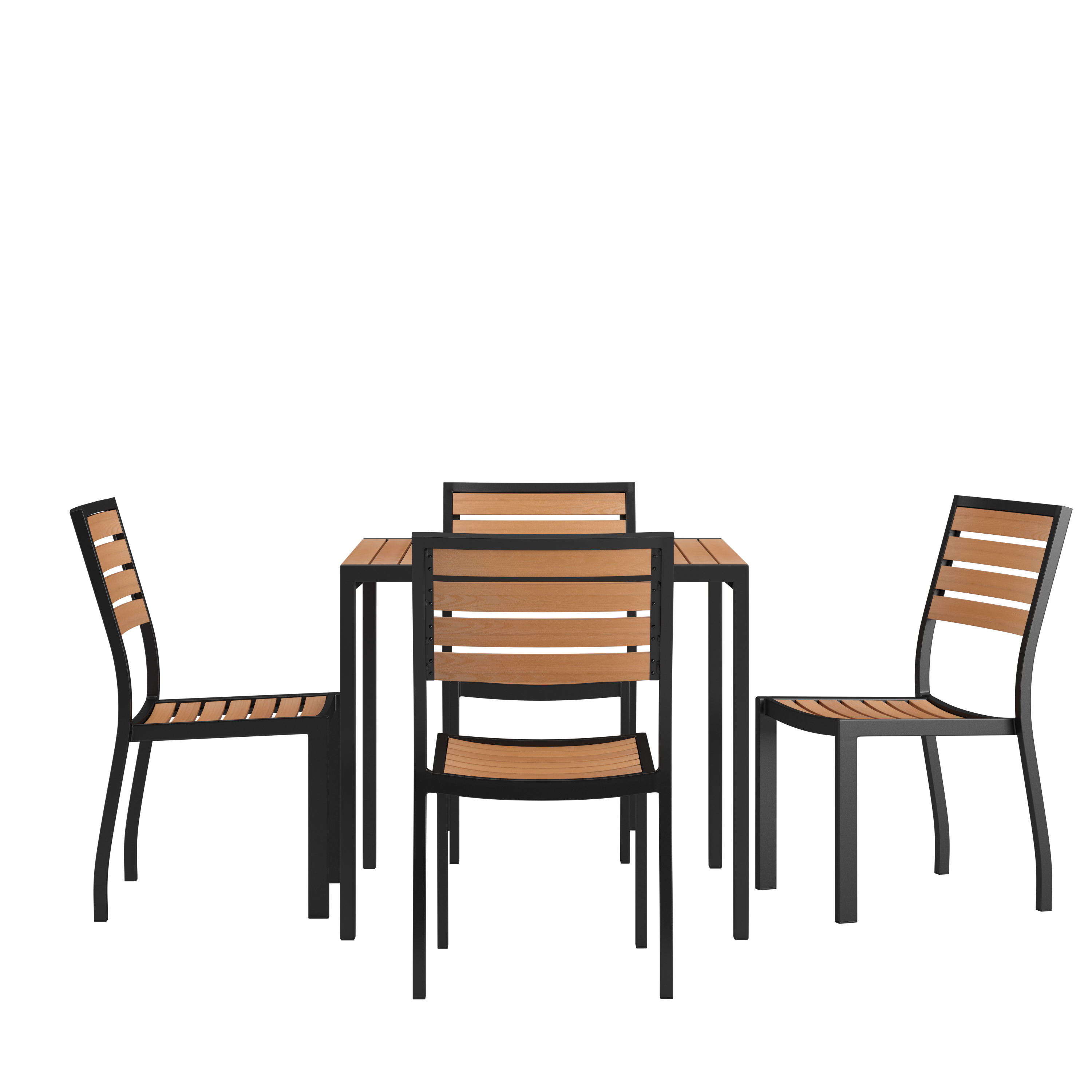 Flash Furniture XU-DG-810060364-GG 35" Square Steel Synthetic Teak Poly Slat Table with 4 Stackable Faux Teak Chairs, 5 Piece Set