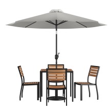 Flash Furniture XU-DG-810060364-UB19BGY-GG All-Weather Stacking Faux Teak Chairs, 35" Square Faux Teak Table, Tan Umbrella & Base, 7 Piece Set